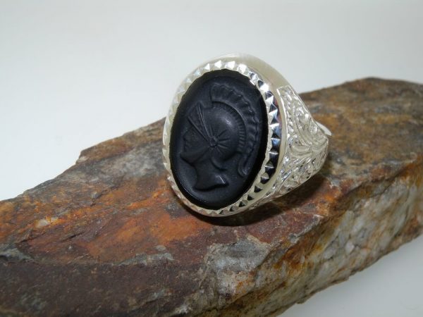 silver ajax onyx carved signet ring