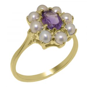 Yellow Gold Natural Amethyst & Cultured Pearl Womens Cluster Ring