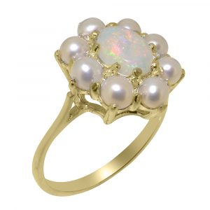 Yellow Gold Natural Opal & Cultured Pearl Womens Cluster Ring