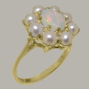 Yellow Gold Natural Opal & Cultured Pearl Womens Cluster Ring