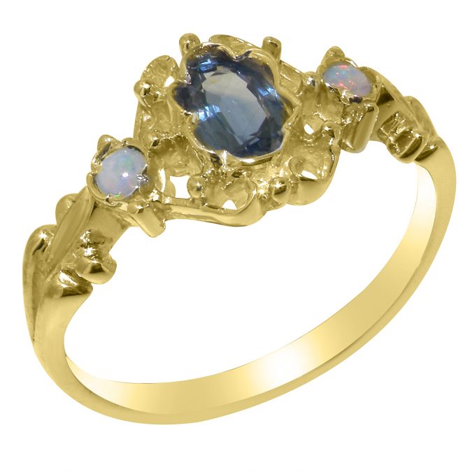 Yellow Gold Natural Sapphire & Opal Womens Trilogy Ring