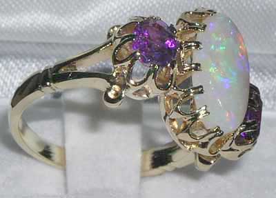 9ct Gold Elongated Fiery Opal & Amethyst Ring