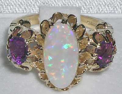 9ct Gold Elongated Fiery Opal & Amethyst Ring