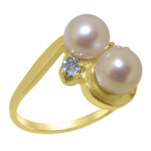 Yellow Gold Cultured Pearl & Aquamarine Womens Dress Ring