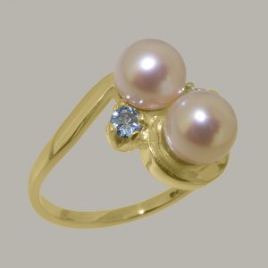 Yellow Gold Cultured Pearl & Aquamarine Womens Dress Ring