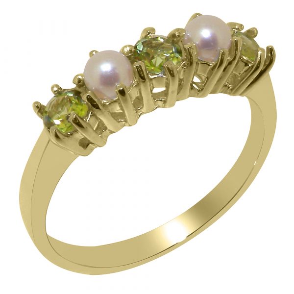 Yellow Gold Natural Peridot & Cultured Pearl Womens Eternity Ring