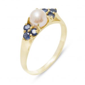 Yellow Gold Cultured Pearl & Sapphire Womens Cluster Ring