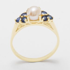 Yellow Gold Cultured Pearl & Sapphire Womens Cluster Ring