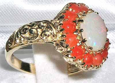 9ct Gold Large Fiery Opal & Coral Ring