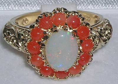 9ct Gold Large Fiery Opal & Coral Ring