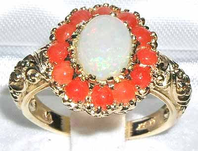 9ct Gold Large Fiery Opal & Coral Ring