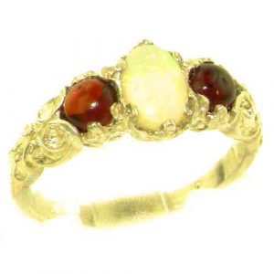 Ladies Solid 14ct Yellow Gold Natural Opal & Garnet English Victorian Trilogy Ring