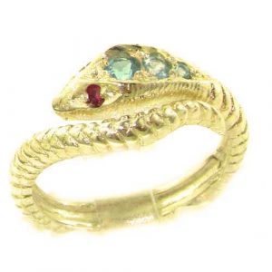 Fabulous Solid 14ct Yellow Gold Natural Blue Topaz & Ruby Detailed Snake Ring