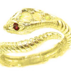 Fabulous Solid 9ct Gold Natural Fiery Opal & Ruby Detailed Snake Ring
