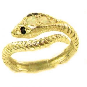 Fabulous Solid 9ct Gold Natural Fiery Opal & Sapphire Detailed Snake Ring