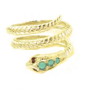 Fabulous Solid 9ct Gold Natural Turquoise & Ruby Detailed Snake Ring