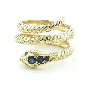 9ct Gold Sapphire & Emerald Coiled Snake RingFree P&P