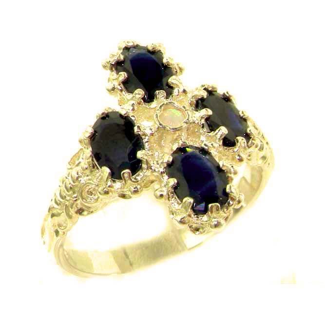 Heavy Weight Victorian Design Solid 9ct Gold Fiery Opal & Natural Sapphire Ring Heavy Weight Victorian Design Solid 9ct Gold Fiery Opal & Natural Sapphire Ring