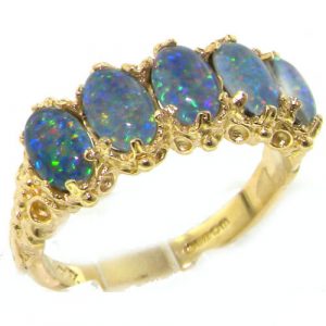 14K Yellow Gold Luxury Blue Opal 5 Stone Eternity Ring