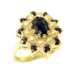 Fabulous Solid 14ct Yellow Gold Natural Sapphire & Pearl 3 Tier Large Cluster Ring