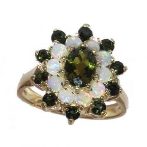Fabulous Solid Yellow 9ct Gold Natural Green Tourmaline & Opal 3 Tier Large Cluster Ring - Finger Sizes K to Z Available