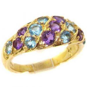 Unusual Large Solid 14ct Yellow Gold Natural Vibrant Amethyst & Blue Topaz Victorian Inspired Ring
