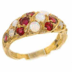 Luxury Ladies Solid 9ct Gold Natural Fiery Opal & Vibrant Ruby Band Ring
