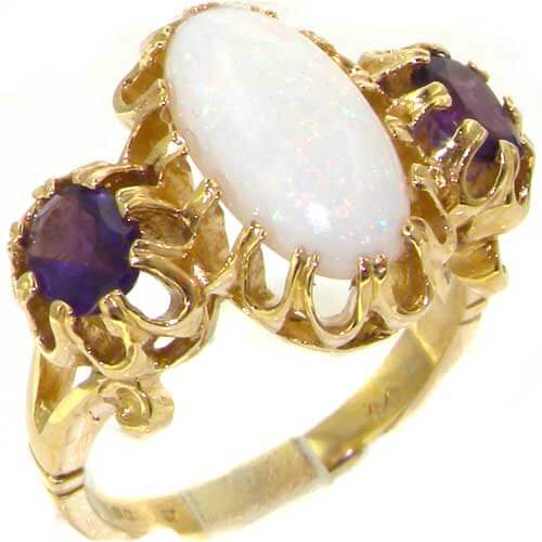 9ct Gold Elongated Fiery Opal & Amethyst Ring 9ct Gold Elongated Fiery Opal & Amethyst Ring