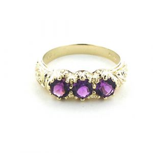 Luxury Solid Yellow 9ct Gold Natural Amethyst Art Nouveau Carved Trilogy Ring - Finger Sizes K to Z Available