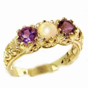 Luxury Solid 14ct Yellow Gold Natural Opal & Emerald Art Nouveau Carved Trilogy Ring