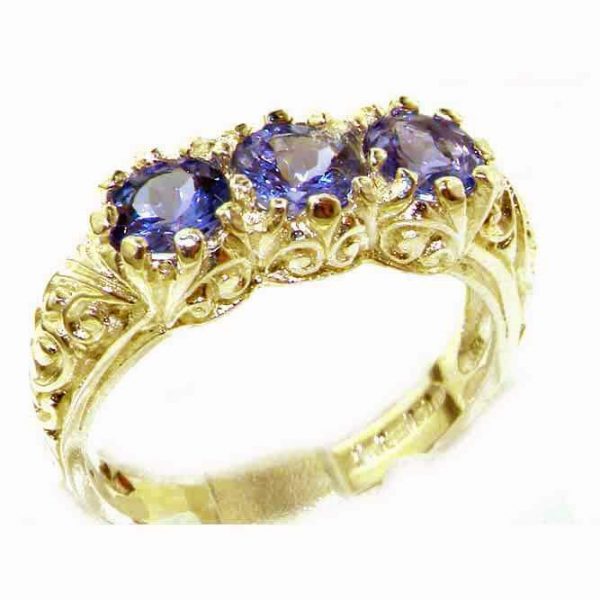 Luxury Solid 9ct Gold Natural Tanzanite Art Nouveau Carved Trilogy Ring