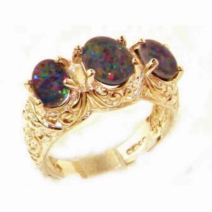 Luxury Solid 9ct Gold Natural Fiery Opal Triplet Art Nouveau Carved Large Trilogy Ring