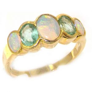 9ct Yellow Gold Ladies Large Opal & Emerald 5 Stone Ring