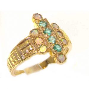 Luxury 9ct Yellow Gold Ladies Large Emerald & Opal Aztec Style Ring