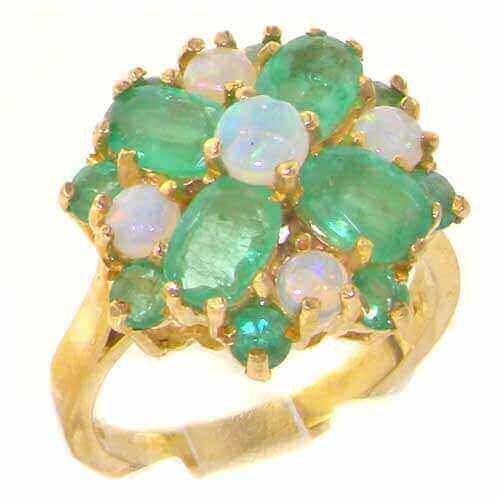 Large 9ct Gold Fiery Opal & Emerald Cluster Ring Large 9ct Gold Fiery Opal & Emerald Cluster Ring