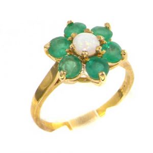 Solid 9ct Gold Ladies Stunning Luxury Fiery Opal & Emerald Cluster Ring