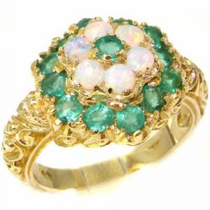 9ct Gold Fiery Opal & Emerald Cluster Ring