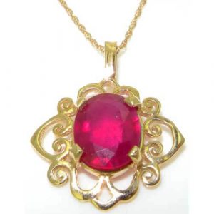 Luxury Womens Solid Yellow Gold Ornate 10x8mm Natural Ruby Pendant Necklace