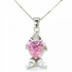 Luxury Solid Sterling 925 Silver Modern Designer Fish Pendant with Pink Stone & 16" Sterling Silver Chain Necklace