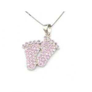 High Quality Ladies Solid Sterling Silver Pink Baby Feet Pendant & 16" Sterling Silver Chain Necklace