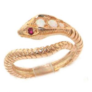 Fabulous Solid 9ct Rose Gold Natural Fiery Opal & Ruby Detailed Snake Ring