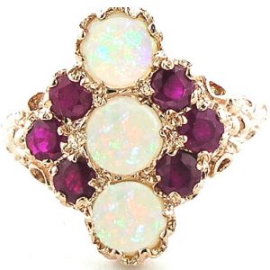 Large 9ct Rose Gold Fiery Opal & Ruby Ring