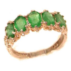 Victorian Design Solid English 9ct Rose Gold Natural Emerald Ring