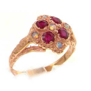 9ct Rose Gold Ladies Vintage Style Opal & Ruby Cluster Ring