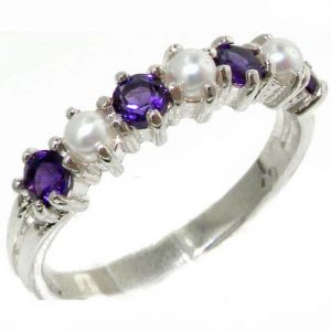 Exquisite Solid Sterling Silver Natural Amethyst & Pearl Ladies Eternity Ring