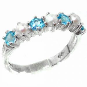 Elegant Solid Sterling Silver Natural Blue Topaz & Pearl Ladies Band Ring