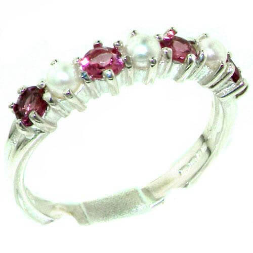 Luxurious Solid Sterling Silver Natural Pink Tourmaline & Pearl Ladies Eternity Ring