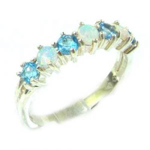 High Quality Solid 14ct White Gold Natural Fiery Opal & Blue Topaz Eternity Ring