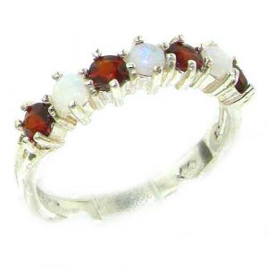 High Quality Solid 14ct White Gold Natural Fiery Opal & Garnet Eternity Ring