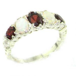 High Quality Solid 14ct White Gold Natural Garnet & Opal English Victorian Ring